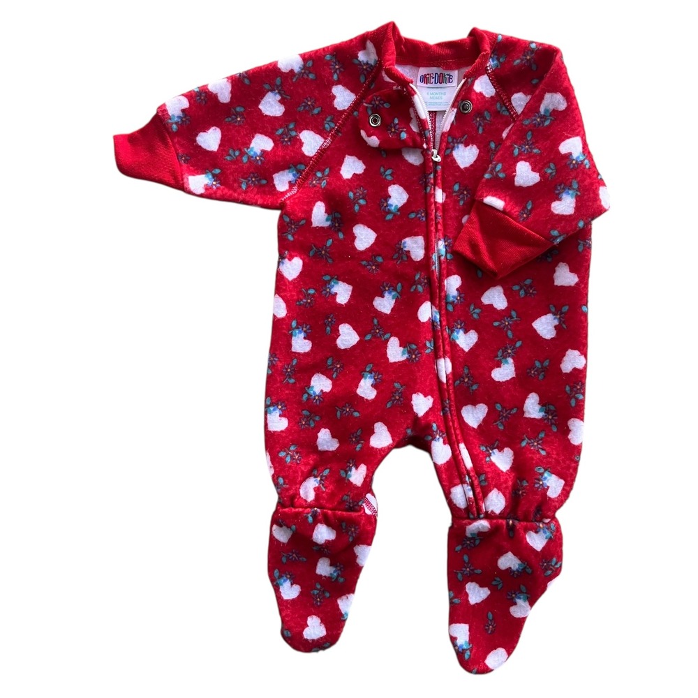 Okie Dokie Baby 6M Red Heart Floral, Fleece Zip Footed Long Sleeve Sleep Vintage